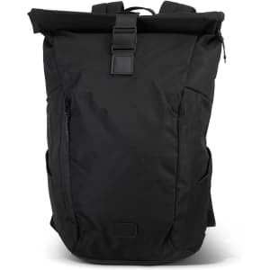 A black roll-up computer backpack with adjustable straps and a side zip pocket. It features a logo on the front.