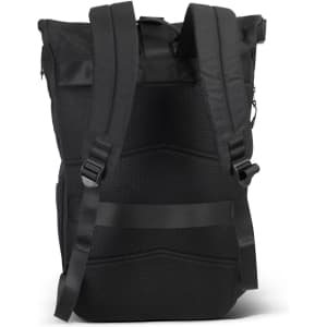 A black roll-up computer backpack with padded straps and a textured back panel, featuring a logo.