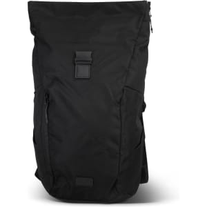 A black roll-up computer backpack featuring a top closure, adjustable straps, and side pockets. Contains branding.