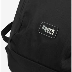 A black roll-up computer backpack featuring a logo. The material has a textured pattern.