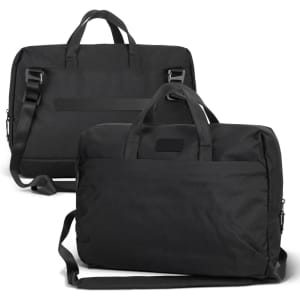 A black laptop bag featuring two handles, a shoulder strap, and a logo. Designed for durability and style.