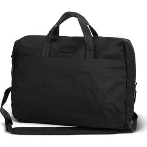 A black laptop bag with dual handles, a shoulder strap, and a zippered pocket on the back. Features a logo on the front.