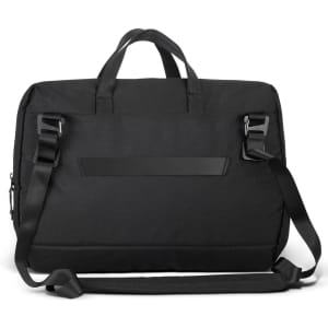 A black laptop bag with a padded exterior, dual top handles, and an adjustable shoulder strap. It features a logo.