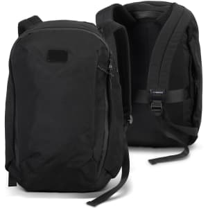 A black backpack with padded straps and a smooth exterior, featuring a logo on the front.