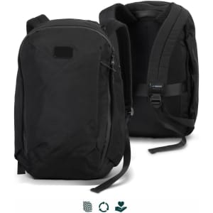 A black business computer backpack with padded straps and a minimalist design. It features a logo on the front.
