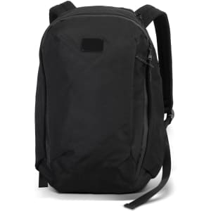 A black computer backpack with a sleek design, features adjustable straps, and has a logo on the front.