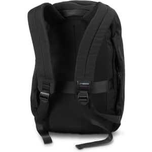 A black business backpack featuring padded shoulder straps and a sleek design. Includes a logo on the front.
