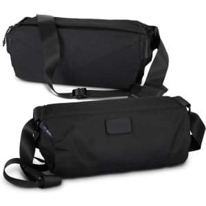 A black sling bag featuring an adjustable strap and a sleek design, with a logo on the side.