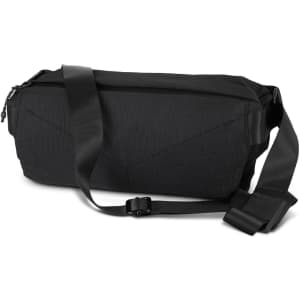 A black sling bag with a durable design and adjustable strap. It has a zip closure and features a logo.
