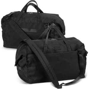 A black duffle bag with dual handles and a removable shoulder strap, featuring a logo and a spacious design.