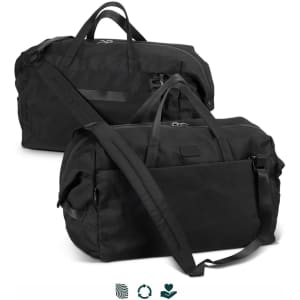A black duffle bag with two handles and a detachable shoulder strap, featuring a logo and a sleek design.