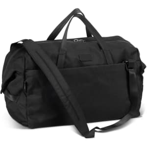 A black duffle bag with carry handles and a detachable shoulder strap, featuring a logo on the side.