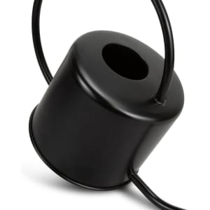 A black metal watering can with a cylindrical body and a curved handle, featuring an opening at the top.