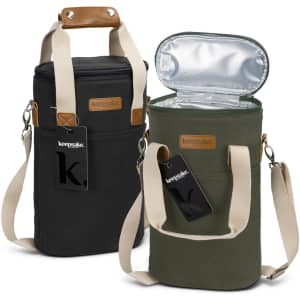 A drink bottle cooler bag in black and olive green, featuring shoulder straps and a branding logo.