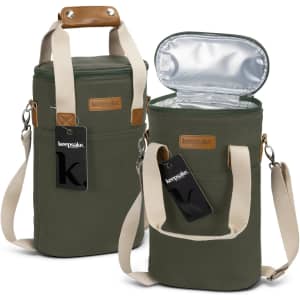 A wine cooler bag in green with a shoulder strap and a leather handle, featuring a removable lid and logo.