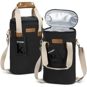 A wine cooler bag in black with tan leather accents, featuring handles and an insulated interior.