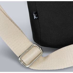A black wine cooler bag with a beige strap and a small logo tag displayed on the side.