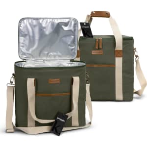 A green cooler bag with a silver insulated interior, featuring cream straps and a logo.