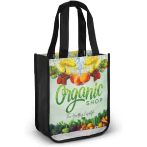 A black tote bag with a vibrant, fruit-themed graphic and an organic shop logo.