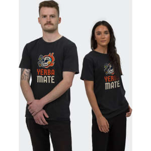 A faded black unisex T-shirt featuring a graphic design with the words "Yerba Mate," worn by a male and female model.