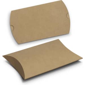 A small, brown, pillow-shaped box made from kraft paper with rounded edges. It features a simple design and a logo.