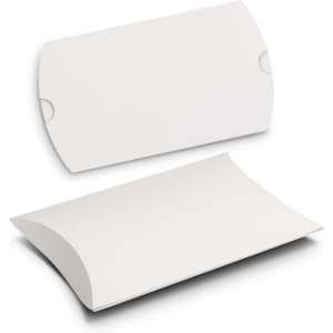 A small white pillow box with a curved design, featuring a simple, clean shape. It has a logo on one side.
