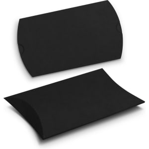 A small black pillow box with a curved design, showcasing both the closed and open positions. It features a logo.