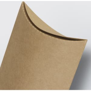 A small, brown pillow box with a curved top and seamless design, featuring a logo.