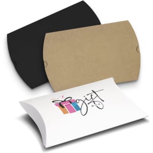 Three medium pillow boxes are displayed in black, kraft, and white with a decorative design on the white box.
