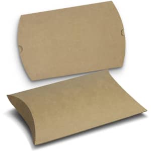 A medium, brown pillow box made of cardboard, featuring a curved design with two flaps.