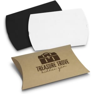 Three pillow boxes in black, white, and kraft brown, featuring a logo on the brown box.