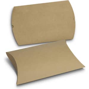 A large brown pillow box with a curved design, featuring a simple, unmarked surface and a logo.