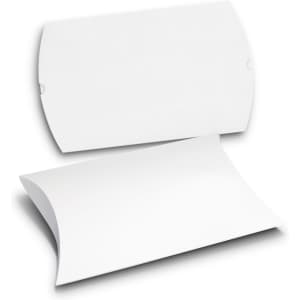 A large white pillow box with a smooth surface and a curved design, featuring a branding logo.