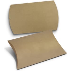 Two extra-large brown pillow boxes made of kraft paper, featuring a curved design and one displaying a logo.