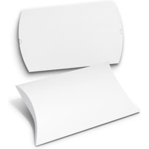 An extra large white pillow box with a curved design, featuring a flap closure and a logo.