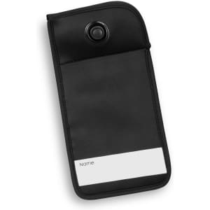 A black lockable phone pouch featuring a snap button closure and a blank name label area.