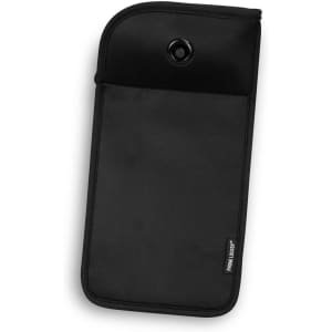 A black lockable phone pouch with a snap button and a textured exterior, designed for secure storage of mobile devices.
