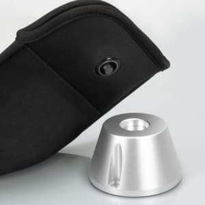 A black pouch with a lock button beside a silver lockable phone pouch base.
