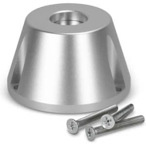 A silver lockable phone pouch with a circular base and four screws for attachment.