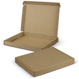 A brown cardboard die cut box with a locking lid, shown open and closed, featuring a simple design and no branding.