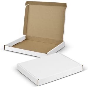 A die cut box with a locking lid, featuring a white exterior and a natural kraft interior, shown open and closed.
