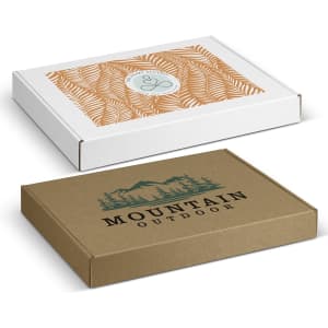 A die cut box with a locking lid, featuring a white exterior with a leaf pattern and a brown exterior with a logo.