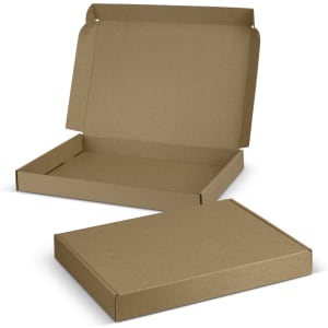 A die cut box with a locking lid in a plain brown colour, featuring an open lid and a closed box.