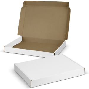A white die cut box with a locking lid, displayed open to reveal a brown interior.