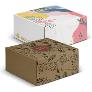 Two die cut boxes with locking lids; one features a colourful design, while the other is a brown kraft box with floral patterns.