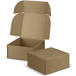 A kraft cardboard die cut box with a locking lid, shown open and closed, in a plain design.