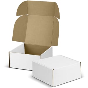 A white die cut box with a brown locking lid, shown open and placed beside a closed version.