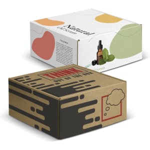 A die cut box with a locking lid in natural tones, featuring a logo and abstract designs, in sizes 225x225x113mm.