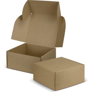 A brown die cut box with a locking lid, featuring an open lid and a closed box beside it.