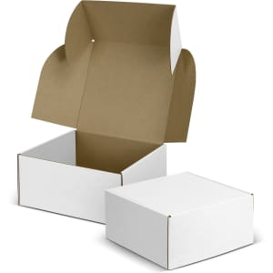 A white die cut box with a locking lid, featuring a brown interior, partially open to reveal its shape.